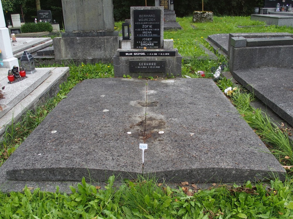 Tombstone of Milan Szczygieł, Dagmara Wojaczek, Irena Wojaczek, Zofia Wojaczek, Bernard Wojaczek, Josef Wojaczek, Gerhard N.N., Karviná Cemetery (district Doły)