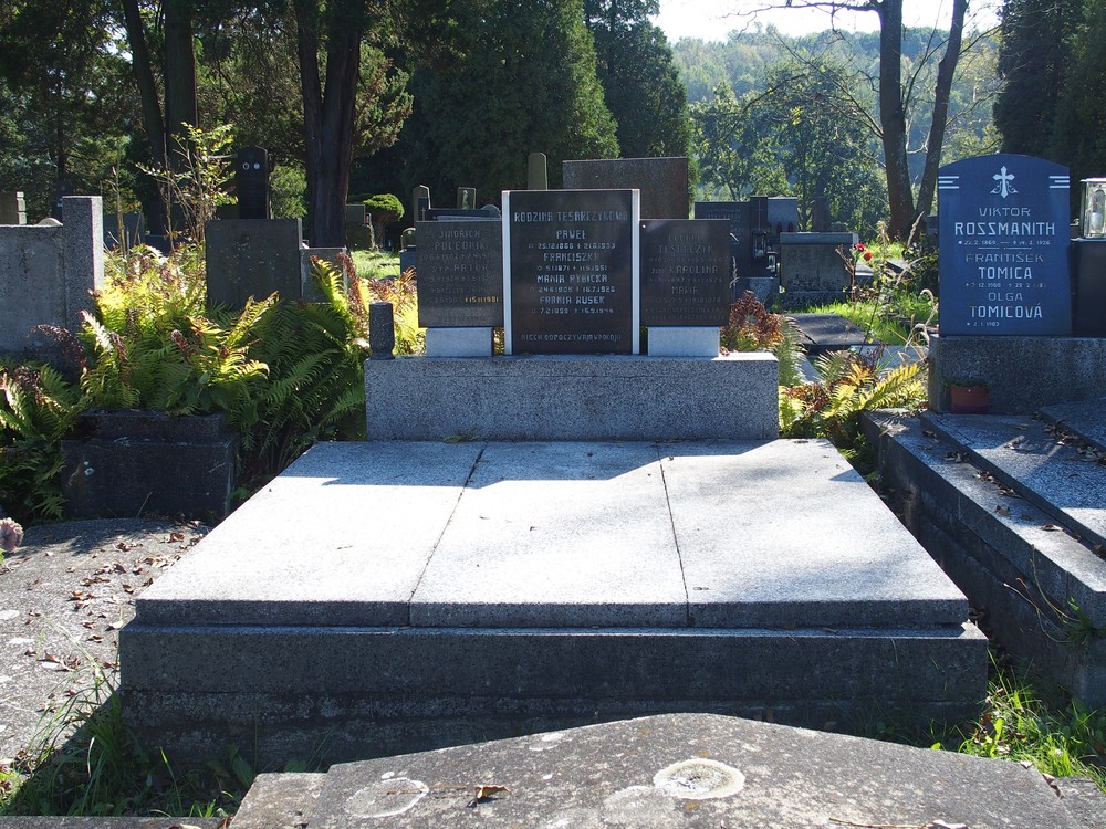Tombstone of the Polednik, Rybický, Ruska, Tesarczyk families, Karviná cemetery (Doły district)