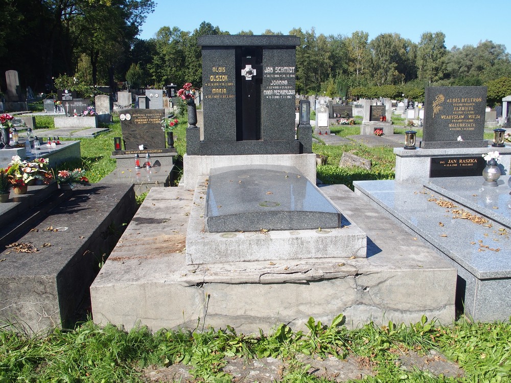 Tombstone of the Olszak, Przykrylow, Schmidt families, Karviná cemetery (Doły district)