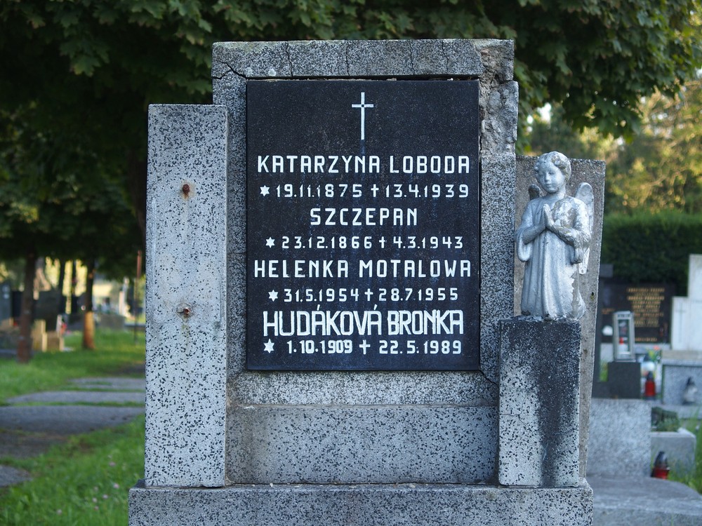 Fragment of a tombstone of Bronka Hudaková, Katarzyna Loboda, Szczepan Loboda, Helena Motalová, Karviná cemetery (Doły district)