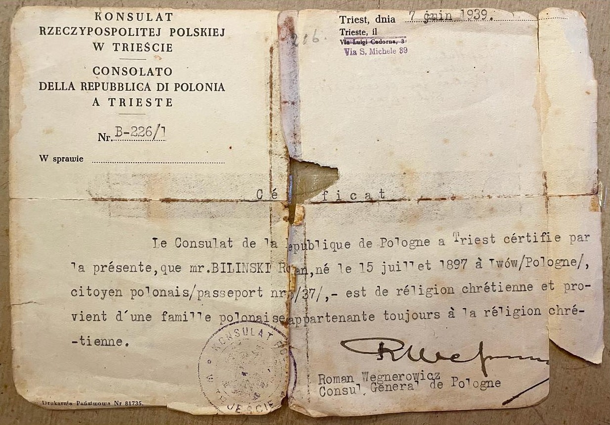 Document certifying Polish origin and Christian faith signed by Roman Wegnerowicz, 1938