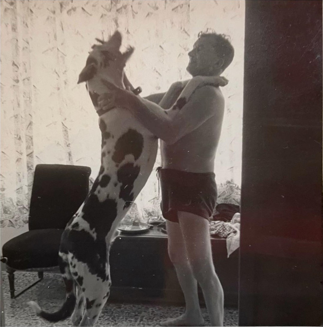 Roman Bilinski with his German dog Aron, Bordighera, 1960s