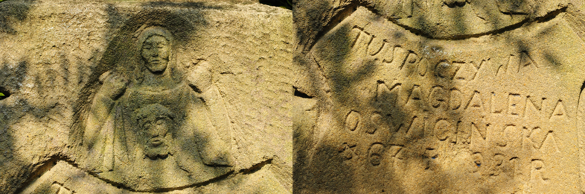 Detail and inscription from the gravestone of Magdalena Oświcińska, cemetery in Celejów