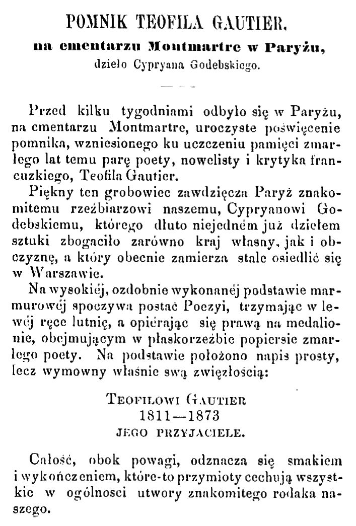 Photo showing Description of the monument to Teofil Gautier by Cyril Godebski