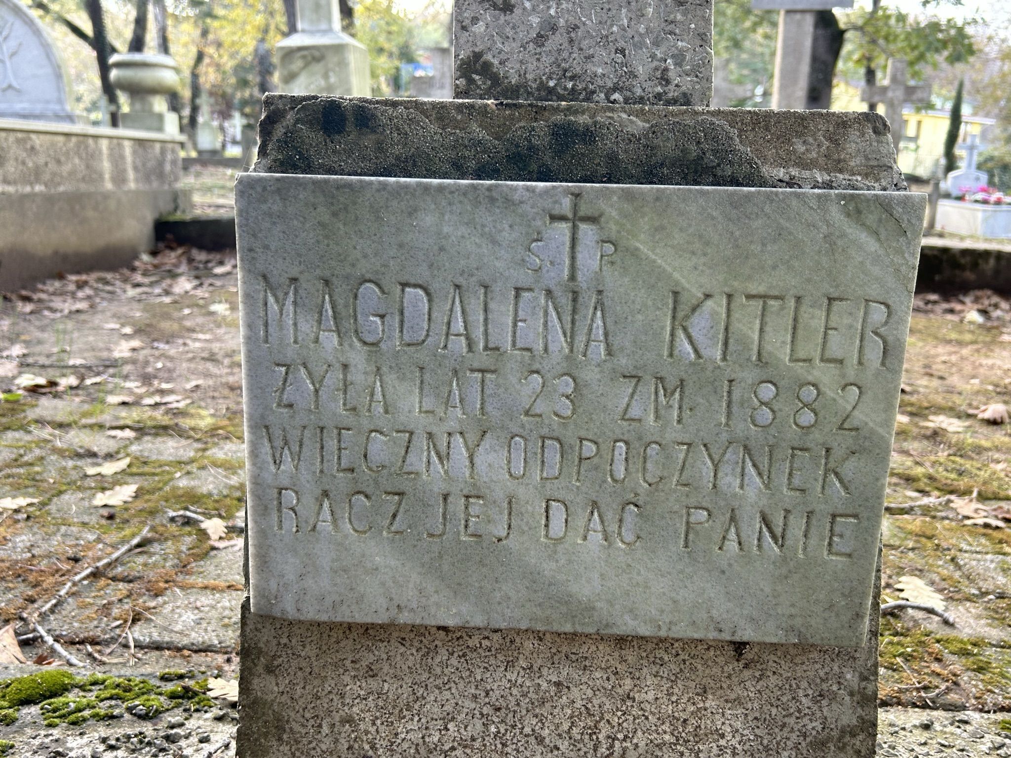 Inscription from the gravestone of Magdalena Kitler, Catholic cemetery in Adampol