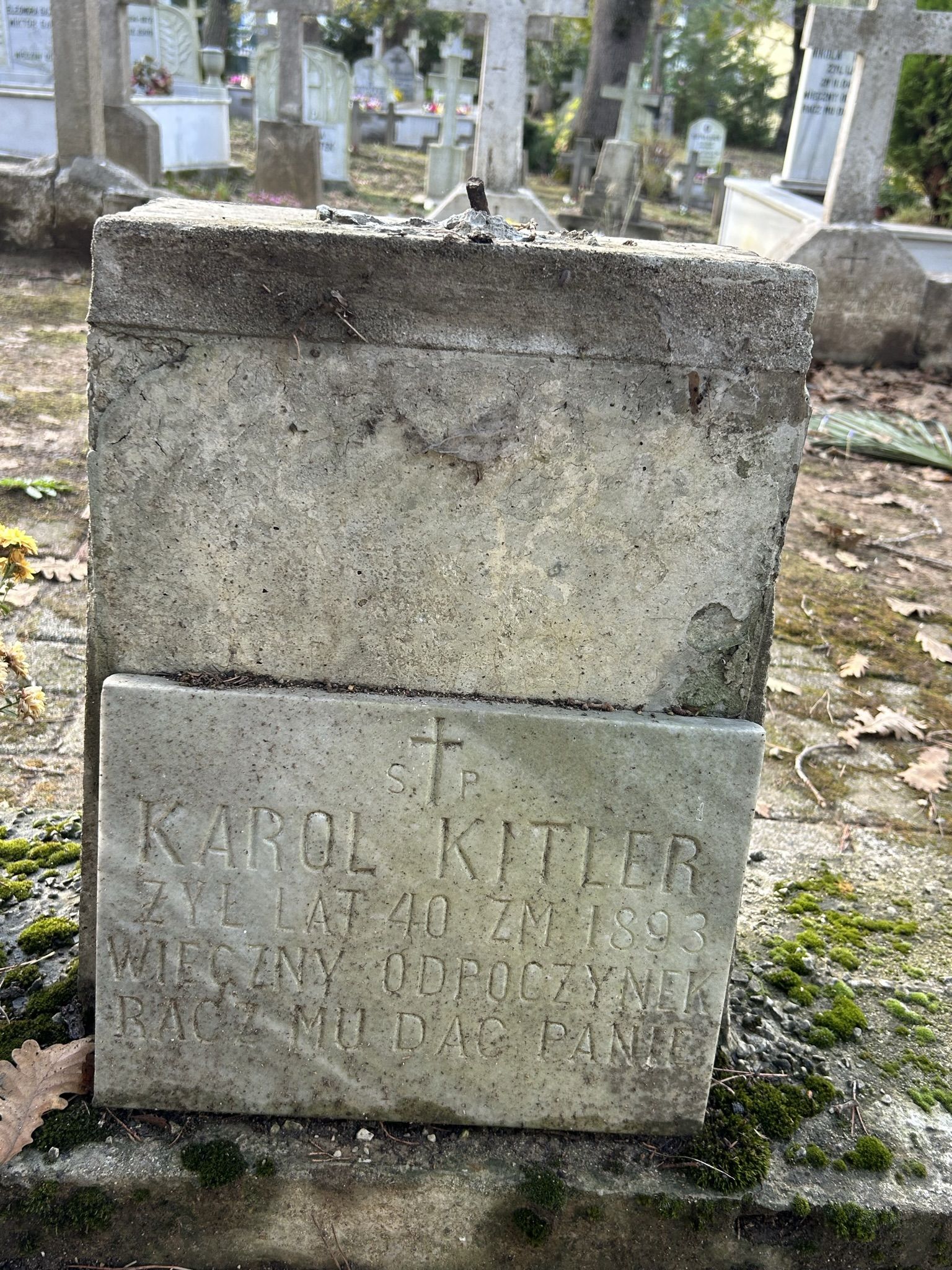 Inscription from the tombstone of Karol Kitler, Catholic cemetery in Adampol