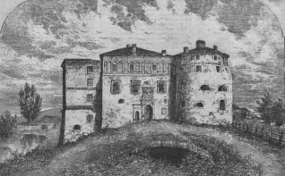 Rycina zamku Sieniawskich w Brzeżanach, przedstawiająca duży, prostokątny budynek z dwiema okrągłymi wieżami. Budowla otoczona jest trawiastym terenem i małym mostkiem na pierwszym planie.