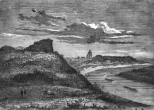 Rycina Liszkowa z ruinami na wzgórzu, rzeką płynącą przez krajobraz i kościołem w oddali. Na pierwszym planie widoczne są dwie postacie i koń.