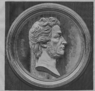 Rycina marmurowego medalionu z profilem Adama Mickiewicza. Medaillon jest okrągły z napisem 'ADAMO MICKIEWICZ' na krawędzi.