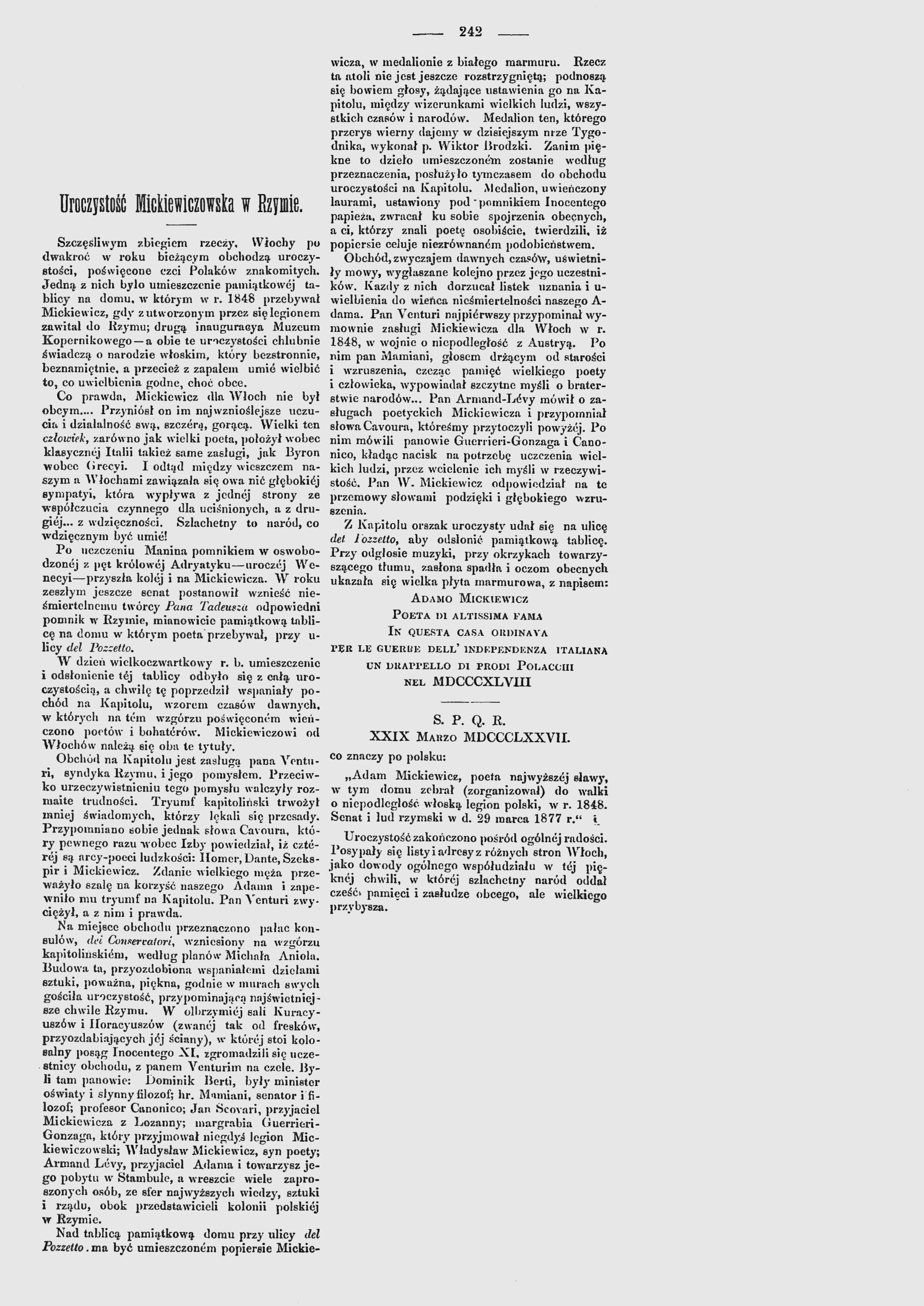Strona z 'Tygodnika Illustrowanego' z artykułem o odsłonięciu tablicy pamiątkowej Adama Mickiewicza w Rzymie, 1877. Tekst opisuje ceremonię i zawiera inskrypcję na marmurowej tablicy.