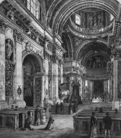 Wnętrze kościoła św. Piotra i Pawła w Wilnie z ozdobnymi sztukateriami, sklepieniami łukowymi i modlącymi się ludźmi. W tle widoczny ołtarz.