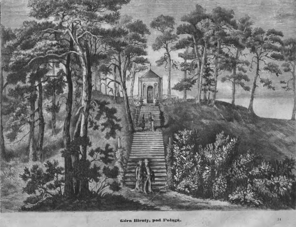 Rycina przedstawiająca Górę Biruty pod Połągą z kaplicą na szczycie schodów otoczonych drzewami. Kilka osób spaceruje po schodach i ścieżce.