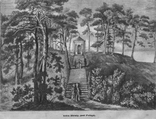 Rycina przedstawiająca Górę Biruty pod Połągą z kaplicą na szczycie schodów otoczonych drzewami. Kilka osób spaceruje po schodach i ścieżce.