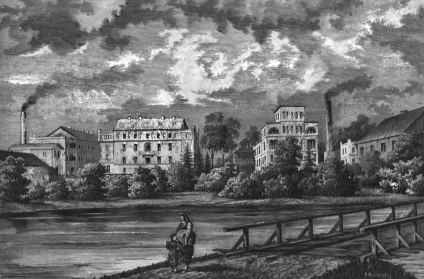 Rycina przedstawiająca Porzecze w 1878 roku z budynkami przemysłowymi, w tym fabryką tkanin i cukrownią, otoczonymi drzewami. Na pierwszym planie rzeka i drewniany mostek z osobą i dzieckiem.