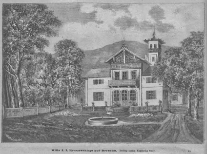 Rysunek willi Kraszewskiego pod Dreznem, przedstawiający dom w stylu szwajcarskim z wieżą, otoczony drzewami i płotem. Ścieżka prowadzi do wejścia, a na pierwszym planie znajduje się okrągła fontanna.