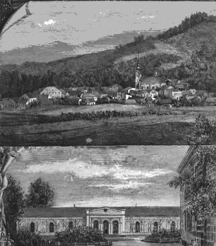 Trzyczęściowa ilustracja Rożnowa. Góra: Kobieta z owcami w górskim krajobrazie. Środek: Widok na wieś Rożnów z kościołem i wzgórzami. Dół: Dziedziniec zakładu leczniczego z budynkami i drzewami.