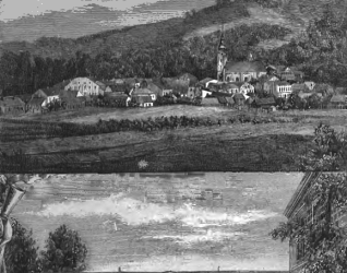 Trzyczęściowa ilustracja Rożnowa. Góra: Kobieta z owcami w górskim krajobrazie. Środek: Widok na wieś Rożnów z kościołem i wzgórzami. Dół: Dziedziniec zakładu leczniczego z budynkami i drzewami.