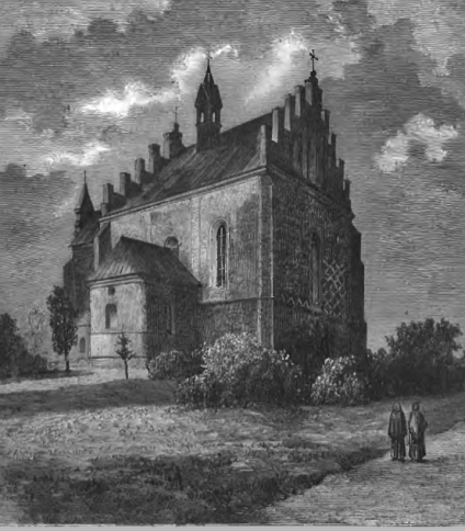 Rycina kościoła św. Bartłomieja w Drohobyczu z 1879 roku, przedstawiająca gotycki kościół warowny z wysoką wieżą, otoczony drzewami i dwoma osobami spacerującymi ścieżką.