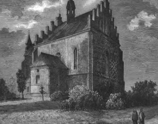 Rycina kościoła św. Bartłomieja w Drohobyczu z 1879 roku, przedstawiająca gotycki kościół warowny z wysoką wieżą, otoczony drzewami i dwoma osobami spacerującymi ścieżką.