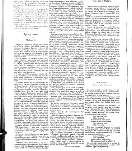 Strona z 'Tygodnika Illustrowanego' (1881) z artykułem o Mołoczku. Tekst omawia Janusza Ostrogskiego, jego matkę oraz przekazanie dóbr Aleksandrowi Zasławskiemu. Strona zawiera kolumny tekstu z nagłówkami.