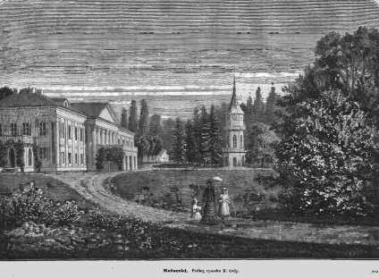 Rycina Mołoczek przedstawiająca duży dwór z kolumnami, wieżę zegarową w tle oraz trzy osoby spacerujące ścieżką na pierwszym planie. Okolicę otaczają drzewa.