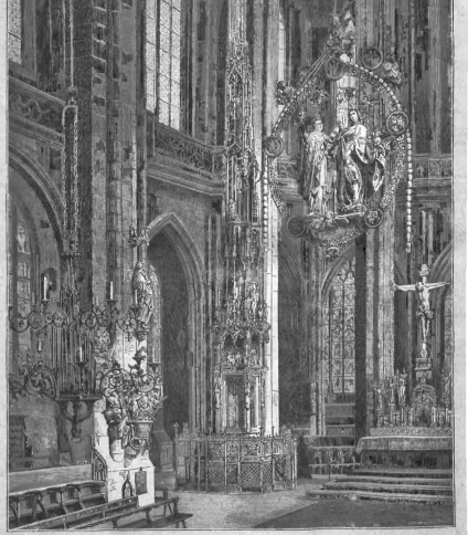 Rycina kościoła św. Wawrzyńca w Norymberdze z rzeźbą Wita Stwosza. Misterny różaniec z anielskimi postaciami zawieszony jest przy ołtarzu, otoczony gotycką architekturą.