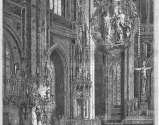 Rycina kościoła św. Wawrzyńca w Norymberdze z rzeźbą Wita Stwosza. Misterny różaniec z anielskimi postaciami zawieszony jest przy ołtarzu, otoczony gotycką architekturą.