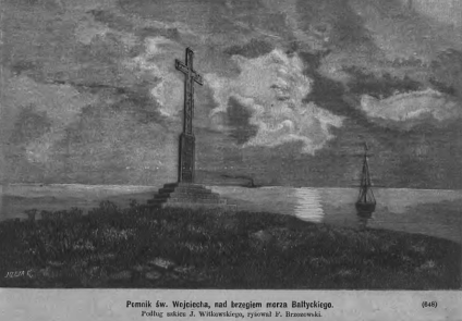 Rysunek pomnika św. Wojciecha pod Tejkutami nad Morzem Bałtyckim. Żelazny krzyż stoi na kamiennych stopniach, z widocznym statkiem na wodzie i chmurami na niebie.