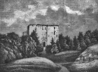 Rycina ruin katedry w Dorpacie, otoczona drzewami i położona na wzgórzu. Budowla ma wysokie mury z łukowatymi oknami i dużym wejściem. Na pierwszym planie dwie postacie na ścieżce.