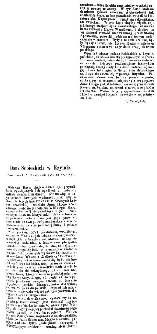 Ilustracja domu Sobieskich w Rzymie z artykułu z 1886 roku. Rysunek przedstawia szczegółową fasadę z polskimi herbami, odzwierciedlającą historyczne znaczenie rodziny Sobieskich.