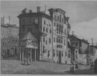 Rycina domu Sobieskich w Rzymie, przedstawiająca wielopiętrowy budynek z wyraźnym wejściem z kolumnami i balkonem. Przed budynkiem zgromadzeni ludzie w strojach z epoki.