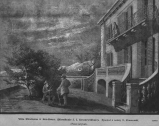 Willa Miraflores w San Remo, rezydencja J.I. Kraszewskiego. Rysunek przedstawia dwupiętrowy budynek z balkonami, otoczony drzewami. Dwóch mężczyzn rozmawia w ogrodzie.