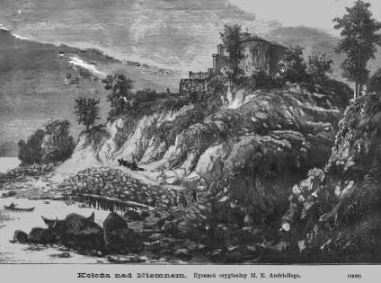 Ilustracja Kołoży pod Grodnem, przedstawiająca kościół na klifie nad Niemnem. Drzewa i skalisty teren otaczają budowlę, z ścieżką prowadzącą do wody.