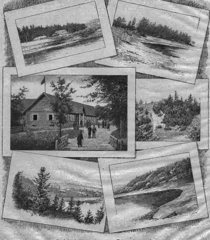 Zbiór rycin przedstawiających zakład leczniczy w Birsztanach, w tym główny budynek z ludźmi, otaczające krajobrazy i rzekę Niemen.