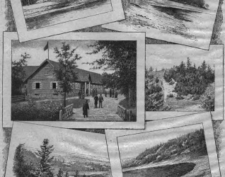 Zbiór rycin przedstawiających zakład leczniczy w Birsztanach, w tym główny budynek z ludźmi, otaczające krajobrazy i rzekę Niemen.