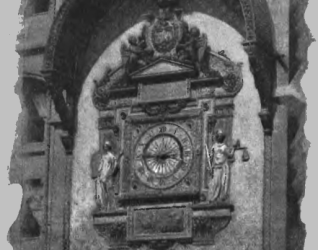 Zegar w Pałacu Sprawiedliwości w Paryżu, ozdobiony polskim herbem. Cyferblat otaczają rzeźby przedstawiające Siłę i Sprawiedliwość.