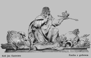 Rzeźba króla Jana II Kazimierza na jego grobowcu w Saint-Germain-des-Prés, Paryż. Król klęczy, ofiarując koronę i berło, otoczony zbrojami i trofeami.