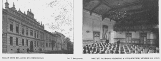 Dwuczęściowy obraz przedstawiający fasadę Domu Polskiego w Czerniowcach po lewej, z architekturą w stylu renesansowym, oraz wnętrze sali z rzędami krzeseł i dekoracyjnym sufitem po prawej.