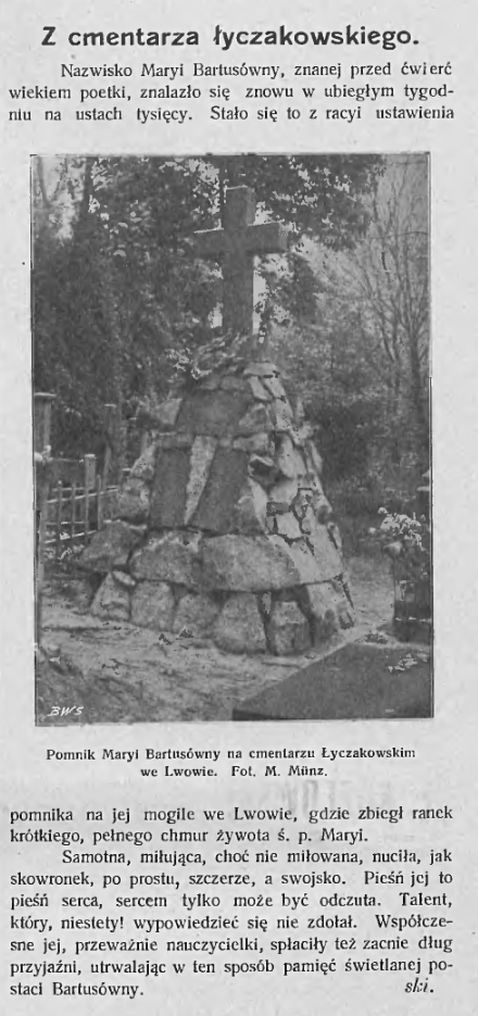 Fotografia przedstawiająca Opis pomnika Maryi Bartusówny na cmentarzu łyczakowskim