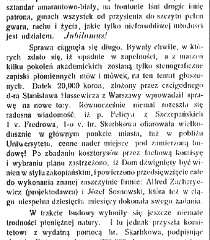 Czarno-biała fotografia domu akademickiego im. Mickiewicza we Lwowie, przedstawiająca wielopiętrowy budynek z wysokim dachem i kilkoma oknami. Obraz jest częścią artykułu z 'Tygodnika Illustrowanego' z 1907 roku.