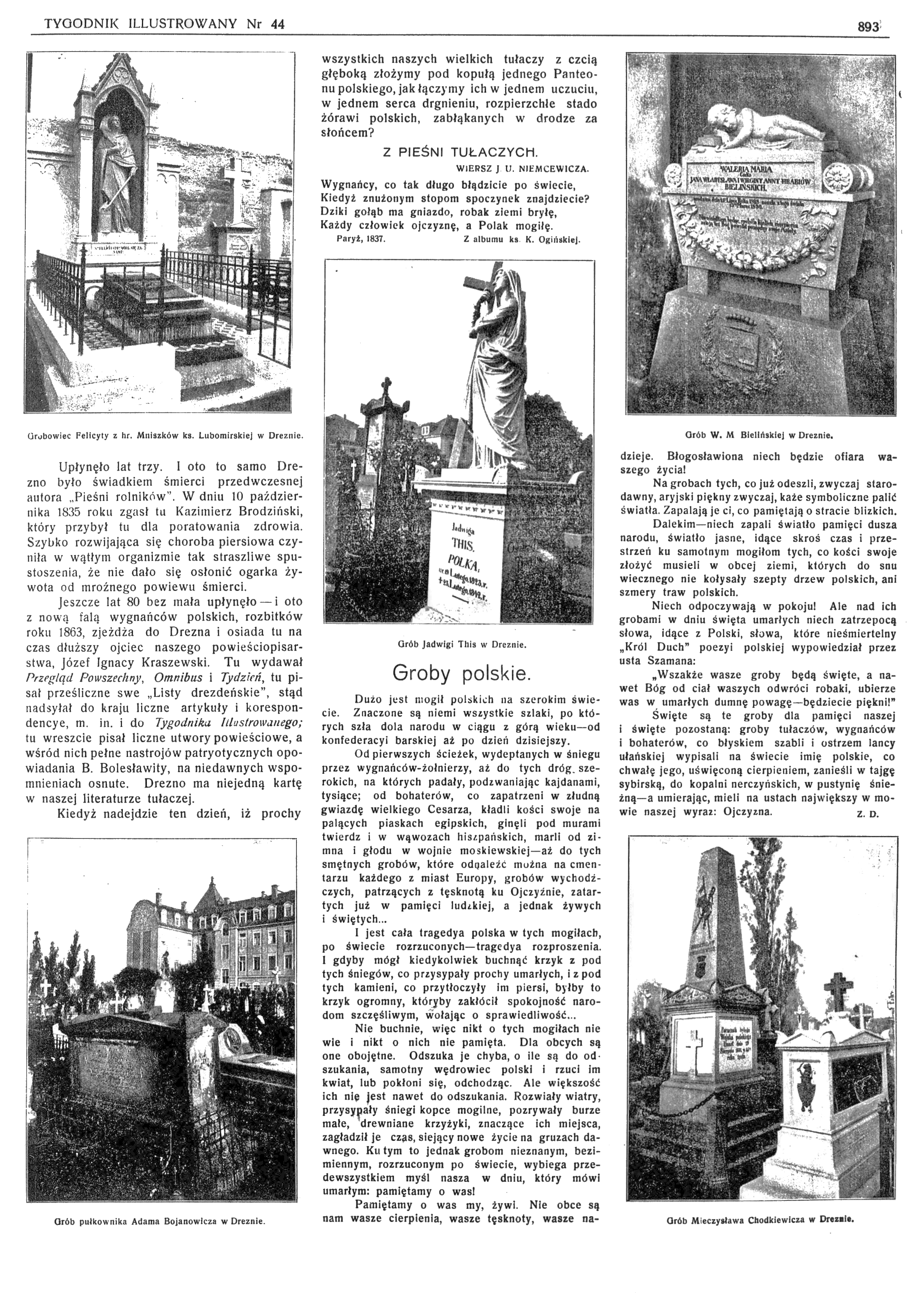 Strona z 'Tygodnika Ilustrowanego' przedstawiająca groby polskie w Dreźnie, 1910. Zawiera zdjęcia nagrobków Felicji Lubomirskiej, Jadwigi Thies, Adama Bojanowicza i Mieczysława Chodkiewicza oraz tekst o emigracji polskiej.