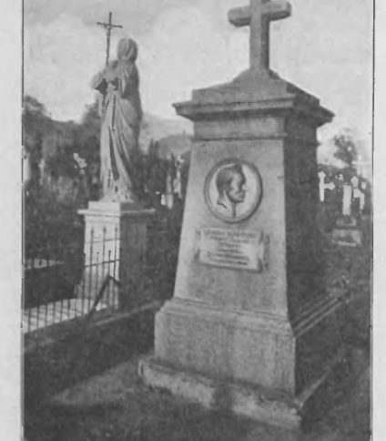 Nagrobek Macieja Wodzińskiego w Dreźnie. Kamienny pomnik z krzyżem na szczycie i portretem w reliefie. Obok stoi posąg kobiety trzymającej krzyż.