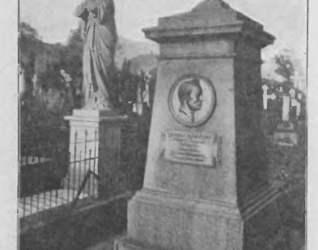 Nagrobek Macieja Wodzińskiego w Dreźnie. Kamienny pomnik z krzyżem na szczycie i portretem w reliefie. Obok stoi posąg kobiety trzymającej krzyż.