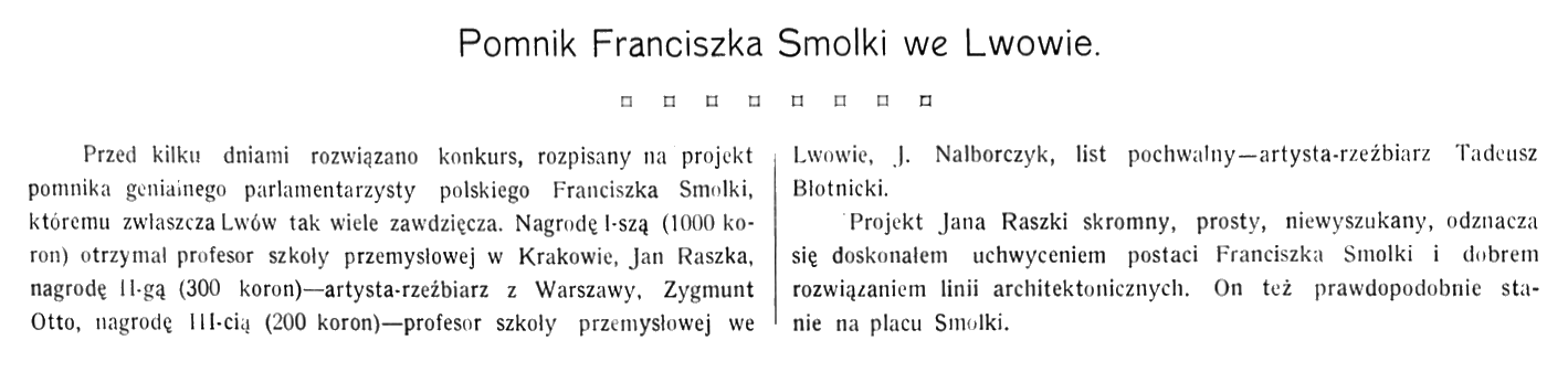Photo montrant Results of the competition for the grave monument to Franciszek Smolka in Lviv