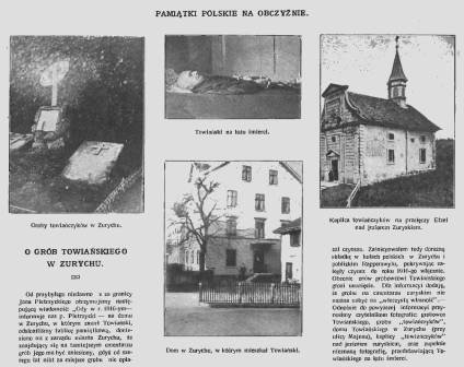 Kolaż zdjęć związanych z Towiańskim w Zurychu: groby towiańczyków, Towiański na łożu śmierci, kaplica towiańczyków nad jeziorem zuryskim i dom Towiańskiego.