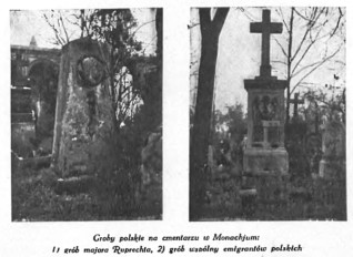Dwa polskie groby na Cmentarzu Południowym w Monachium: grób majora Ruprechta i zbiorowy grób emigrantów polskich, z widocznymi krzyżami i napisami.