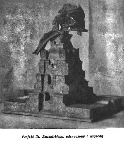 Model zwycięskiego projektu Stanisława Szukalskiego na pomnik Mickiewicza w Wilnie, przedstawiający schodkową strukturę z postacią i orłem na szczycie.