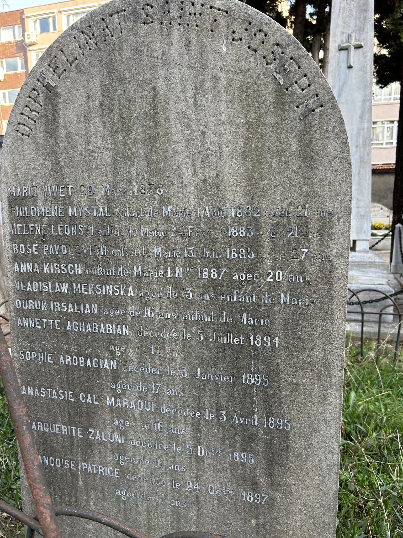 Inscription from the tombstone of the pupils of St Joseph's orphanage, Feriköy Catholic cemetery
