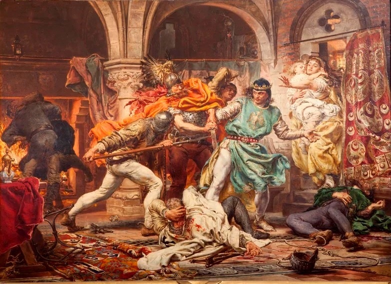 Fotografia przedstawiająca Jan Matejko\'s painting \"Death of King Przemyslaw II in Rogozno\"