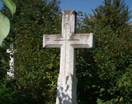 Kamienny krzyż na cokole z fazowanymi ramionami i mniejszym krzyżem na przecięciu. Krzyż stoi na tle gęstej zieleni.